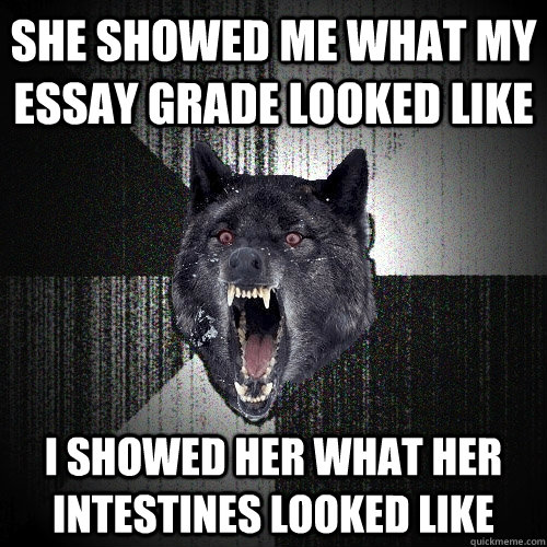 She showed me what my essay grade looked like I showed her what her intestines looked like  Insanity Wolf