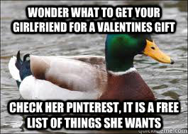 Wonder what to get your girlfriend for a valentines gift  check her pinterest, it is a free list of things she wants  Good Advice Duck