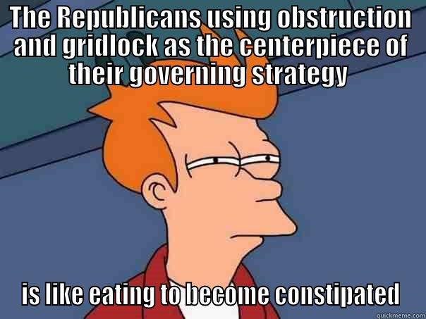 THE REPUBLICANS USING OBSTRUCTION AND GRIDLOCK AS THE CENTERPIECE OF THEIR GOVERNING STRATEGY  IS LIKE EATING TO BECOME CONSTIPATED Futurama Fry