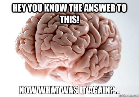 Hey you know the answer to this! Now what was it again?...   Scumbag Brain