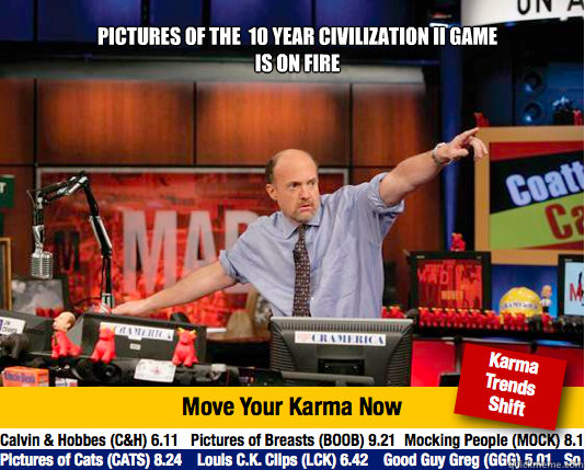 pictures of the  10 year Civilization ii game 
is on fire  Mad Karma with Jim Cramer