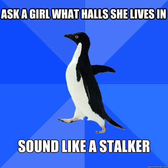 ask a girl what halls she lives in sound like a stalker  Socially Awkward Penguin