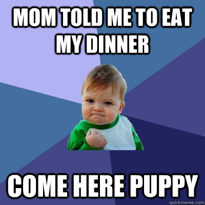 Mom told me to eat my dinner come here puppy  Success Kid
