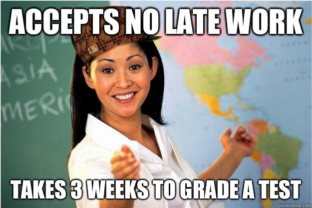Accepts NO late work Takes 3 weeks to grade a test  Scumbag Teacher