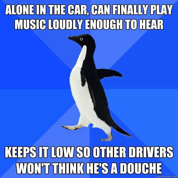 Alone in the car, can finally play music loudly enough to hear keeps it low so other drivers won't think he's a douche  Socially Awkward Penguin