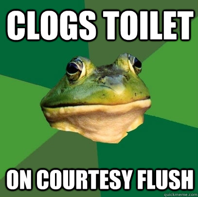 Clogs Toilet On courtesy flush   Foul Bachelor Frog