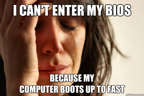 i can't enter my bios because my 
computer boots up to fast - i can't enter my bios because my 
computer boots up to fast  First World Problems