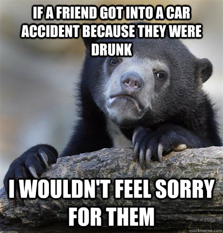 If a friend got into a car accident because they were drunk I wouldn't feel sorry for them  Confession Bear