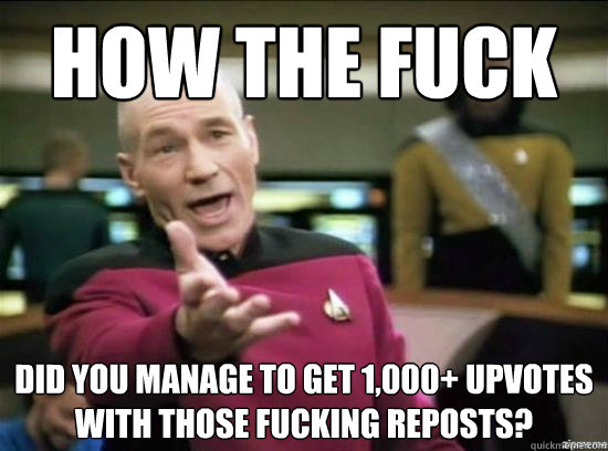 How the fuck did you manage to get 1,000+ upvotes with those fucking reposts?  Annoyed Picard HD