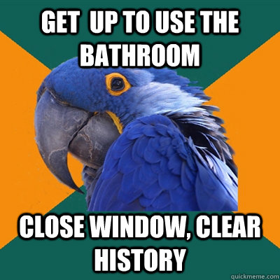 get  up to use the bathroom close window, clear history  Paranoid Parrot