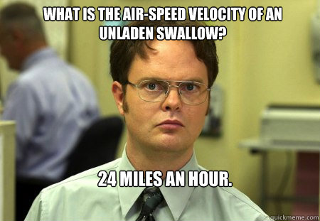 What is the air-speed velocity of an unladen swallow? 24 miles an hour.  Schrute