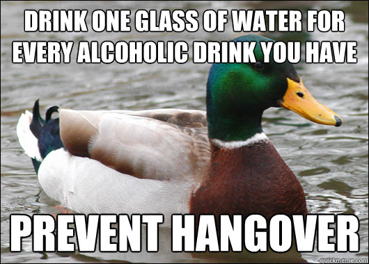 drink one glass of water for every alcoholic drink you have prevent hangover  Actual Advice Mallard
