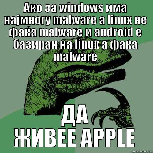АКО ЗА WINDOWS ИМА НАЈМНОГУ MALWARE А LINUX НЕ ФАЌА MALWARE И ANDROID Е БАЗИРАН НА LINUX А ФАЌА MALWARE ДА ЖИВЕЕ APPLE Philosoraptor