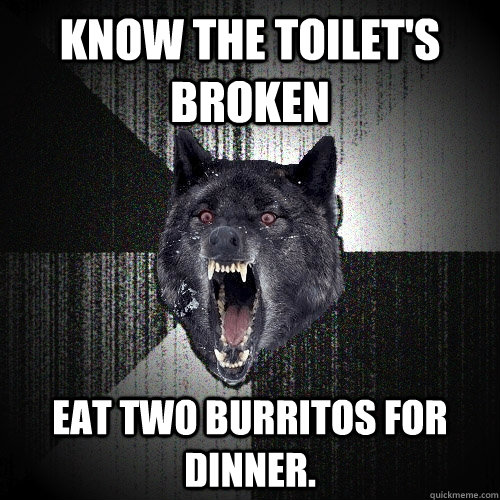 Know the toilet's broken Eat two burritos for dinner.  Insanity Wolf