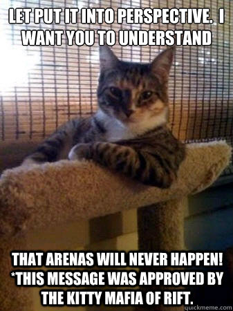 Let put it into perspective.  I want you to understand that arenas will never happen!  *this message was approved by The Kitty Mafia of Rift.  The Most Interesting Cat in the World
