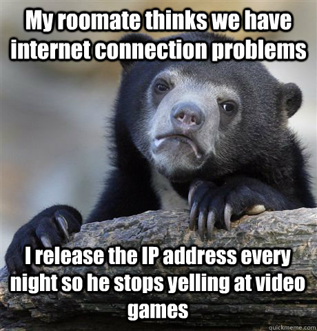 My roomate thinks we have internet connection problems I release the IP address every night so he stops yelling at video games  Confession Bear
