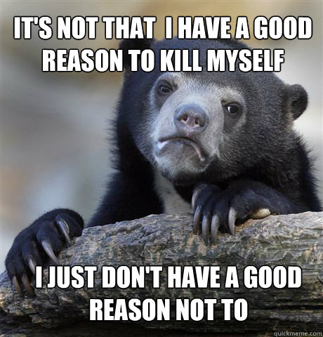 It's not that  I have a good reason to kill myself I just don't have a good reason not to  Confession Bear