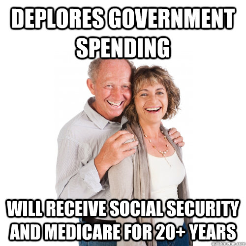 deplores government spending will receive social security and medicare for 20+ years  