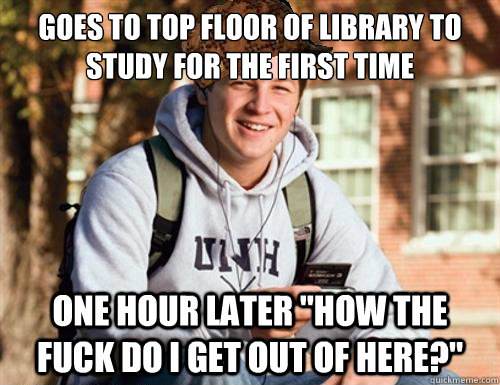 Goes to top floor of library to study for the first time one hour later 