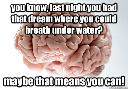 you know, last night you had that dream where you could breath under water? maybe that means you can!  Scumbag Brain