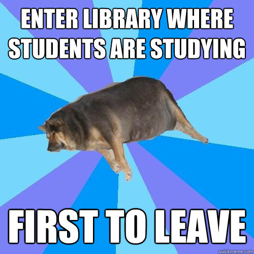 Enter library where students are studying First to Leave  Lazy college student