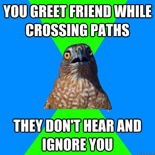 You greet friend while crossing paths they don't hear and ignore you  Hawkward