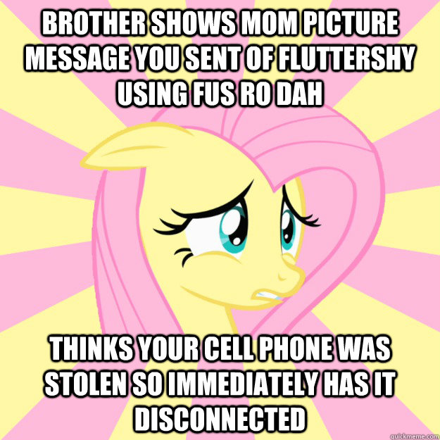 brother shows mom picture message you sent of Fluttershy using FUS RO DAH thinks your cell phone was stolen so immediately has it disconnected  Socially awkward brony