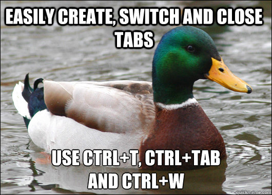 Easily create, switch and close tabs Use Ctrl+T, Ctrl+Tab
and Ctrl+W  Actual Advice Mallard