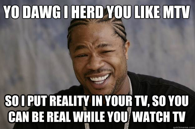 Yo dawg I herd you like mtv So I put reality in your tv, so you can be real while you  watch tv - Yo dawg I herd you like mtv So I put reality in your tv, so you can be real while you  watch tv  Xzibit meme