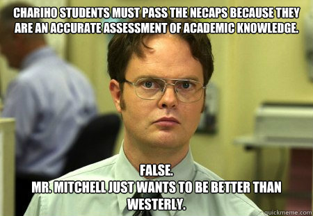 Chariho students must pass the NECAPS because they are an accurate assessment of academic knowledge. FALSE.
Mr. Mitchell just wants to be better than Westerly.  
