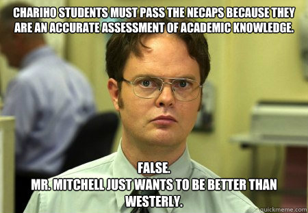 Chariho students must pass the NECAPS because they are an accurate assessment of academic knowledge. FALSE.
Mr. Mitchell just wants to be better than Westerly.  