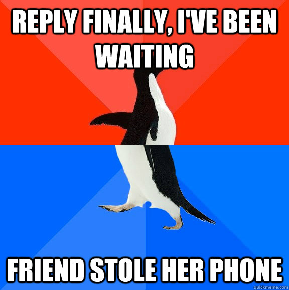 Reply finally, I've been waiting Friend stole her phone  Socially Awesome Awkward Penguin