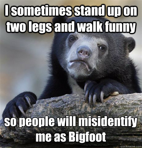 I sometimes stand up on two legs and walk funny so people will misidentify me as Bigfoot
 - I sometimes stand up on two legs and walk funny so people will misidentify me as Bigfoot
  Confession Bear