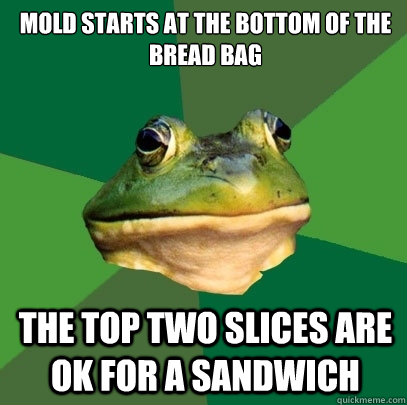 Mold Starts at the bottom of the bread bag The top two slices are OK for a sandwich  Foul Bachelor Frog