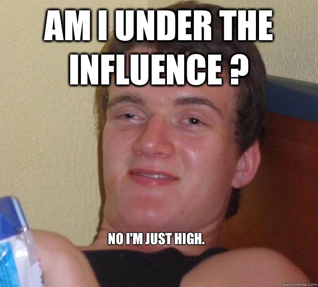 Am I under the influence ? 


No I'm just high. 
  10 Guy