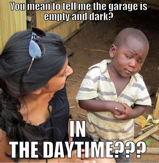 YOU MEAN TO TELL ME THE GARAGE IS EMPTY AND DARK? IN THE DAYTIME??? Skeptical Third World Kid