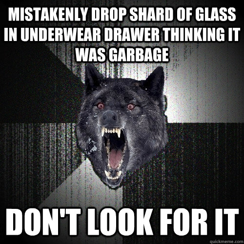 mistakenly drop shard of glass in underwear drawer thinking it was garbage don't look for it  Insanity Wolf