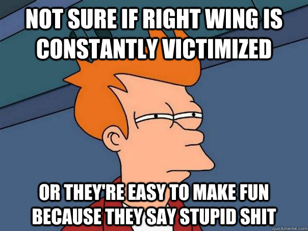 Not sure if right wing is constantly victimized Or they're easy to make fun because they say stupid shit  Futurama Fry