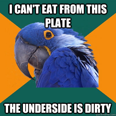 I can't eat from this plate The underside is dirty  Paranoid Parrot