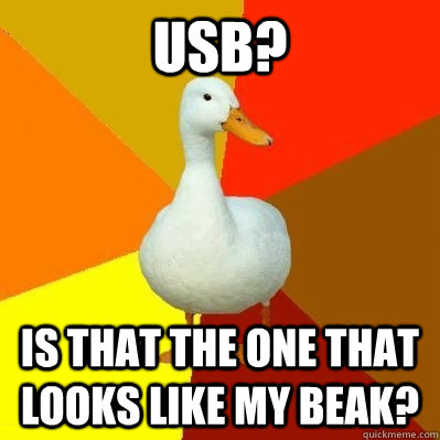 USB? Is that The one that looks like my beak?  Tech Impaired Duck