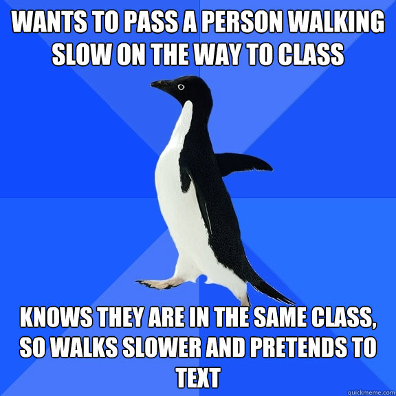 wants to pass a person walking slow on the way to class knows they are in the same class, so walks slower and pretends to text  Socially Awkward Penguin