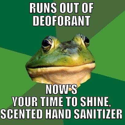RUNS OUT OF DEOFORANT NOW'S YOUR TIME TO SHINE, SCENTED HAND SANITIZER Foul Bachelor Frog