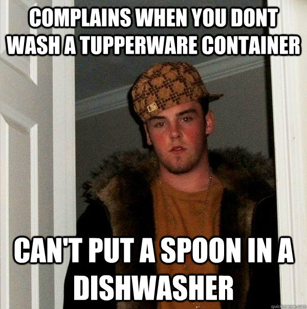 Complains when you dont  wash a tupperware container Can't put a spoon in a dishwasher  Scumbag Steve