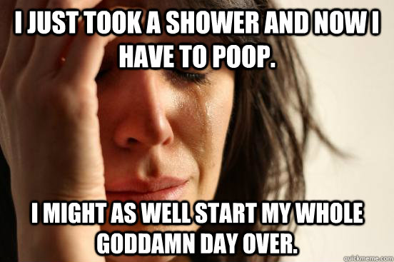 I just took a shower and now I have to poop. I might as well start my whole goddamn day over.  First World Problems