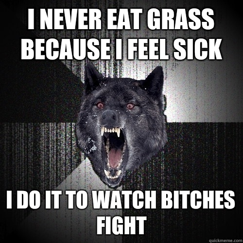 I never eat grass because i feel sick I do it to watch bitches fight  Insanity Wolf