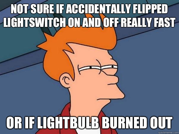 Not sure if accidentally flipped lightswitch on and off really fast or if lightbulb burned out  Futurama Fry