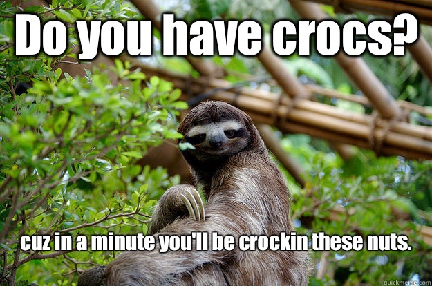 Do you have crocs?  cuz in a minute you'll be crockin these nuts. 
 - Do you have crocs?  cuz in a minute you'll be crockin these nuts. 
  Seductive Sloth