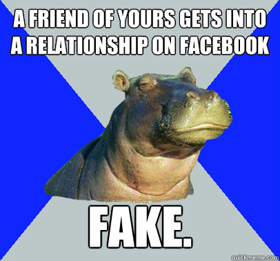 A friend of yours gets into a relationship on facebook fake.  - A friend of yours gets into a relationship on facebook fake.   Skeptical Hippo