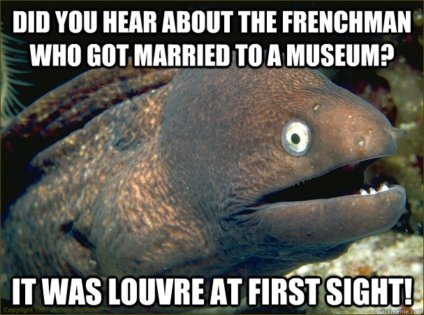 Did you hear about the frenchman who got married to a museum? it was louvre at first sight!  Bad Joke Eel