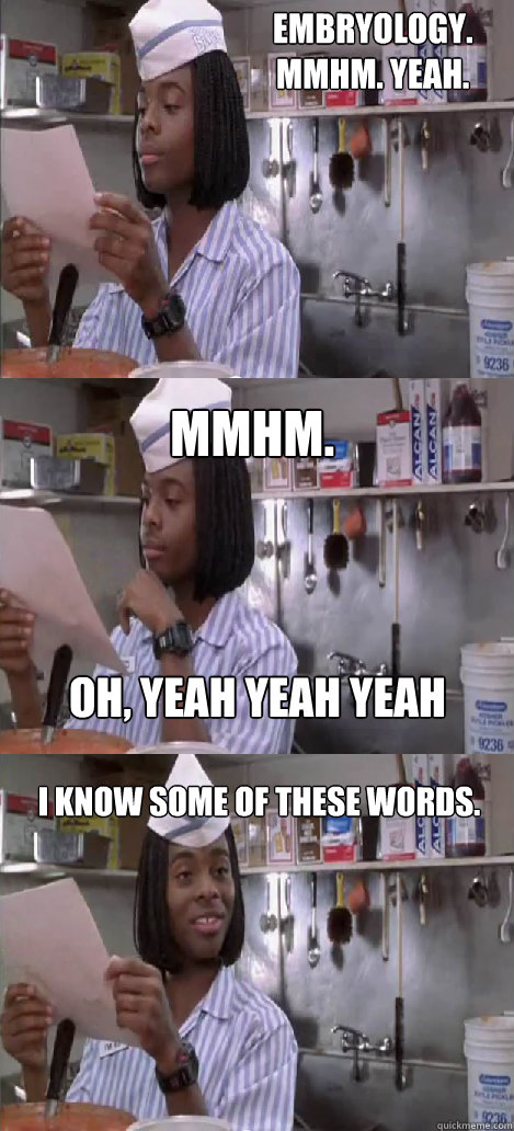 Embryology. 
mmhm. yeah. mmhm.  I know some of these words. oh, yeah yeah yeah  Oblivious Good Burger